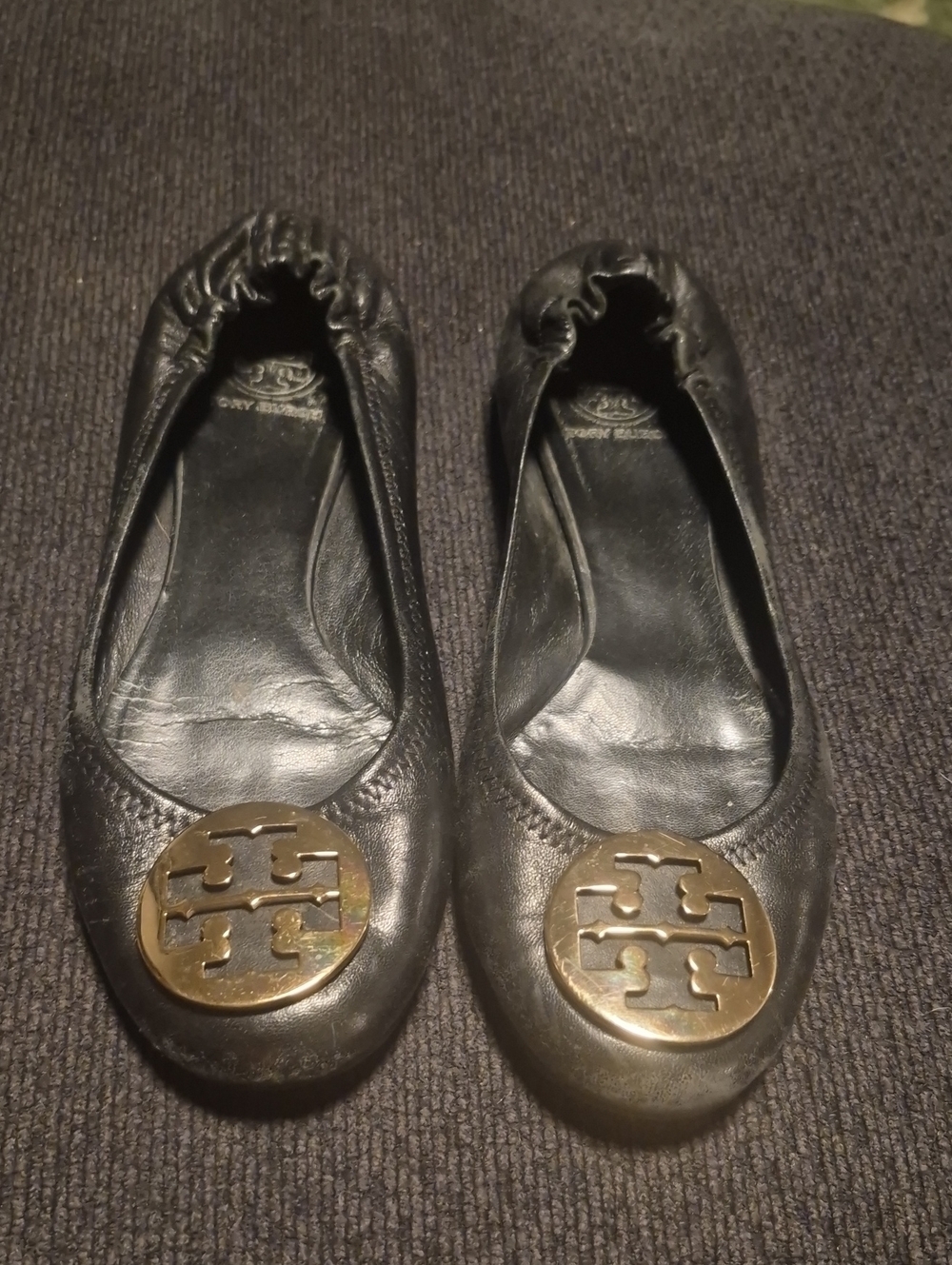 Tory Burch Black Leather Ballet Flats with Gold Logo Medallions